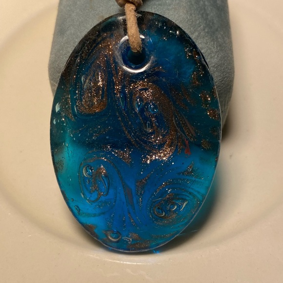 π Tara Designs Large aqua Lamp work oval shaped glass bead copper foil lined. - Picture 4 of 4